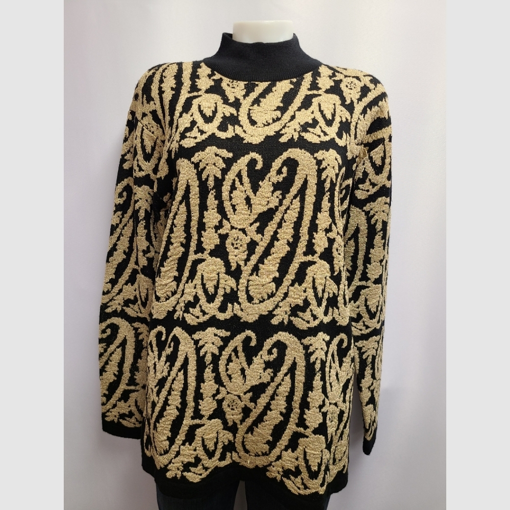 Cache Black Gold Damask Print Sweater Metallic Shimmer Vintage 80s Medium
